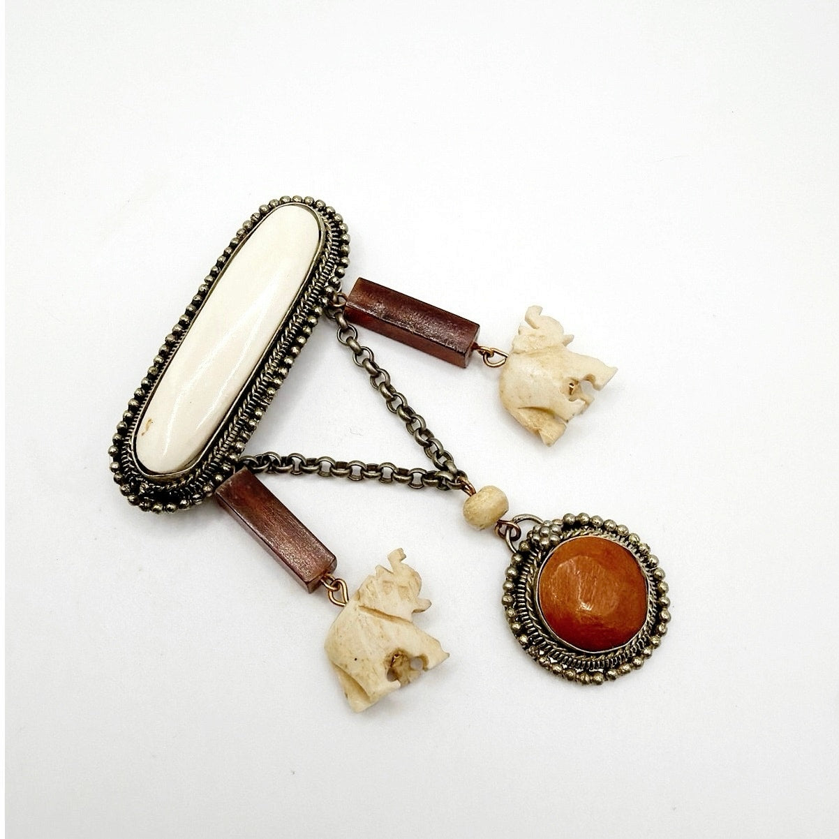 Vintage Silver Tone Metal Carved Animals on Large Bar Pin Brooch