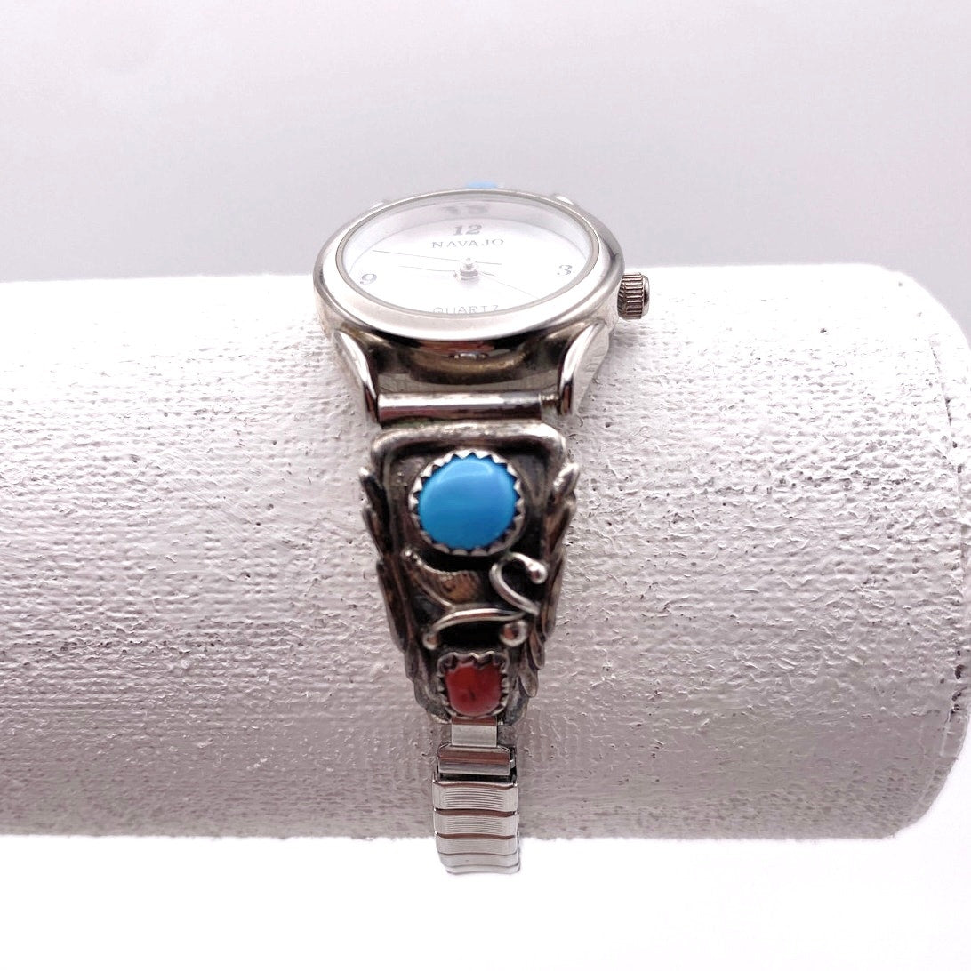 Navajo Sterling Silver Watch Stretchy Wrist Bracelet With Turquoise and Coral