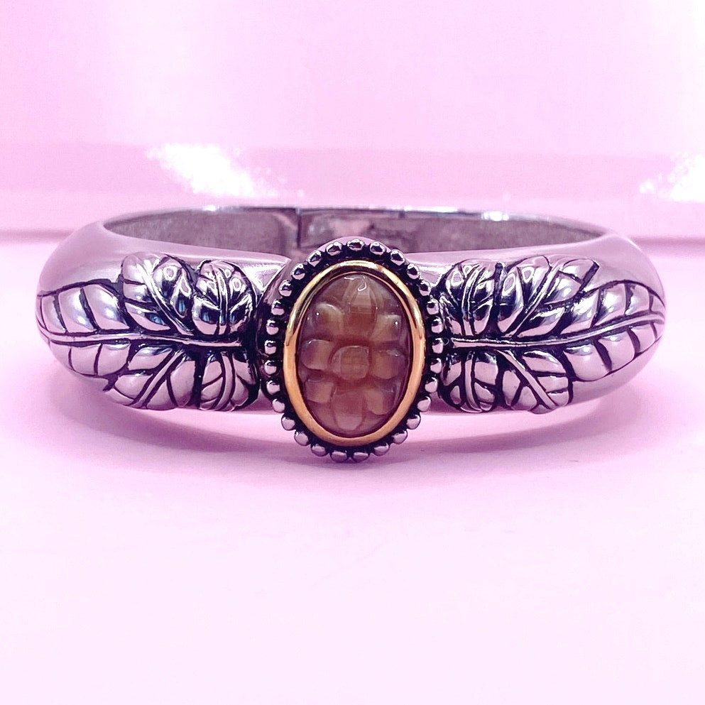 Silver Tone Cuff Glow Moon Carved Stone
