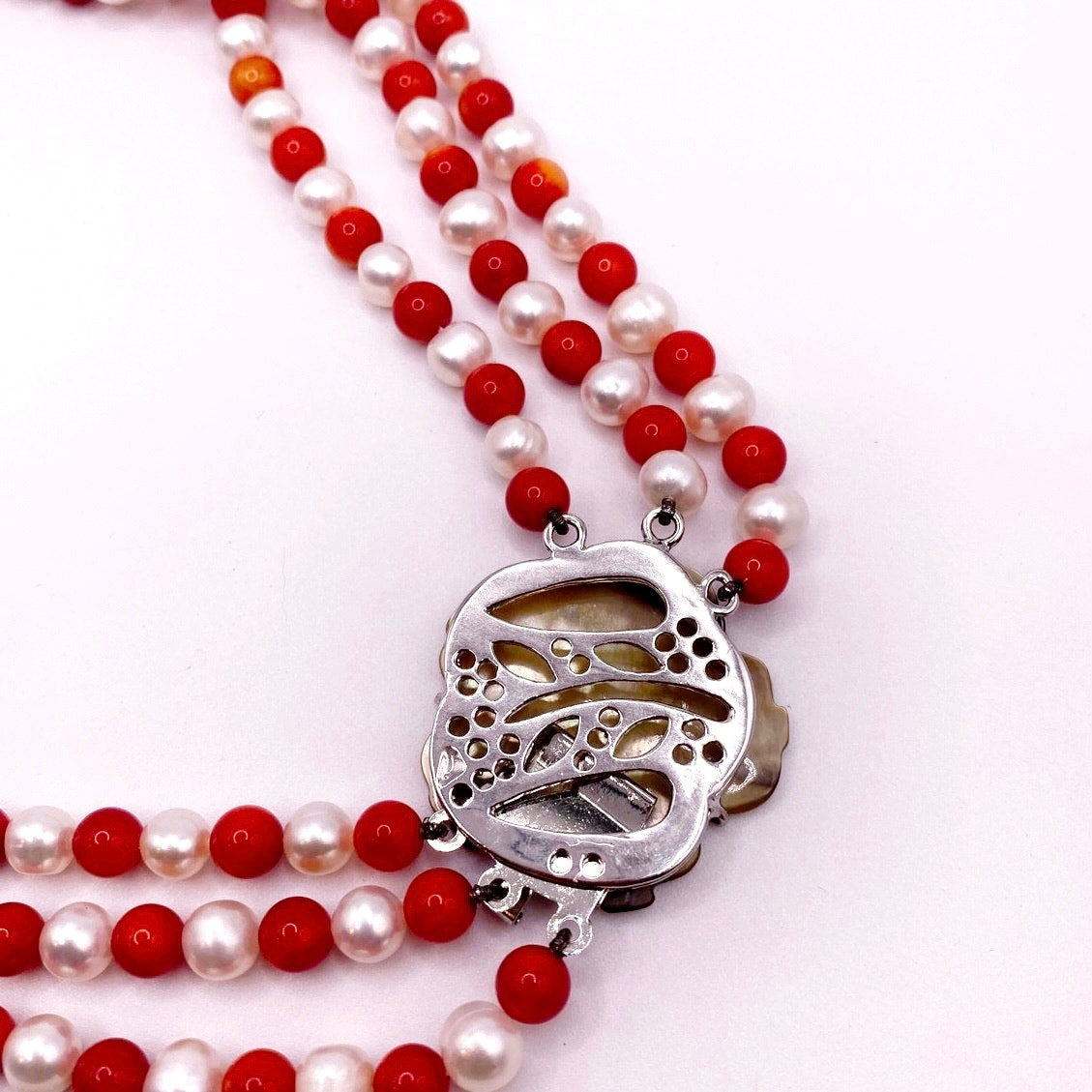 Three Strand Freshwater Pearl and Red Coral Necklace With Motherofpearl Clasp