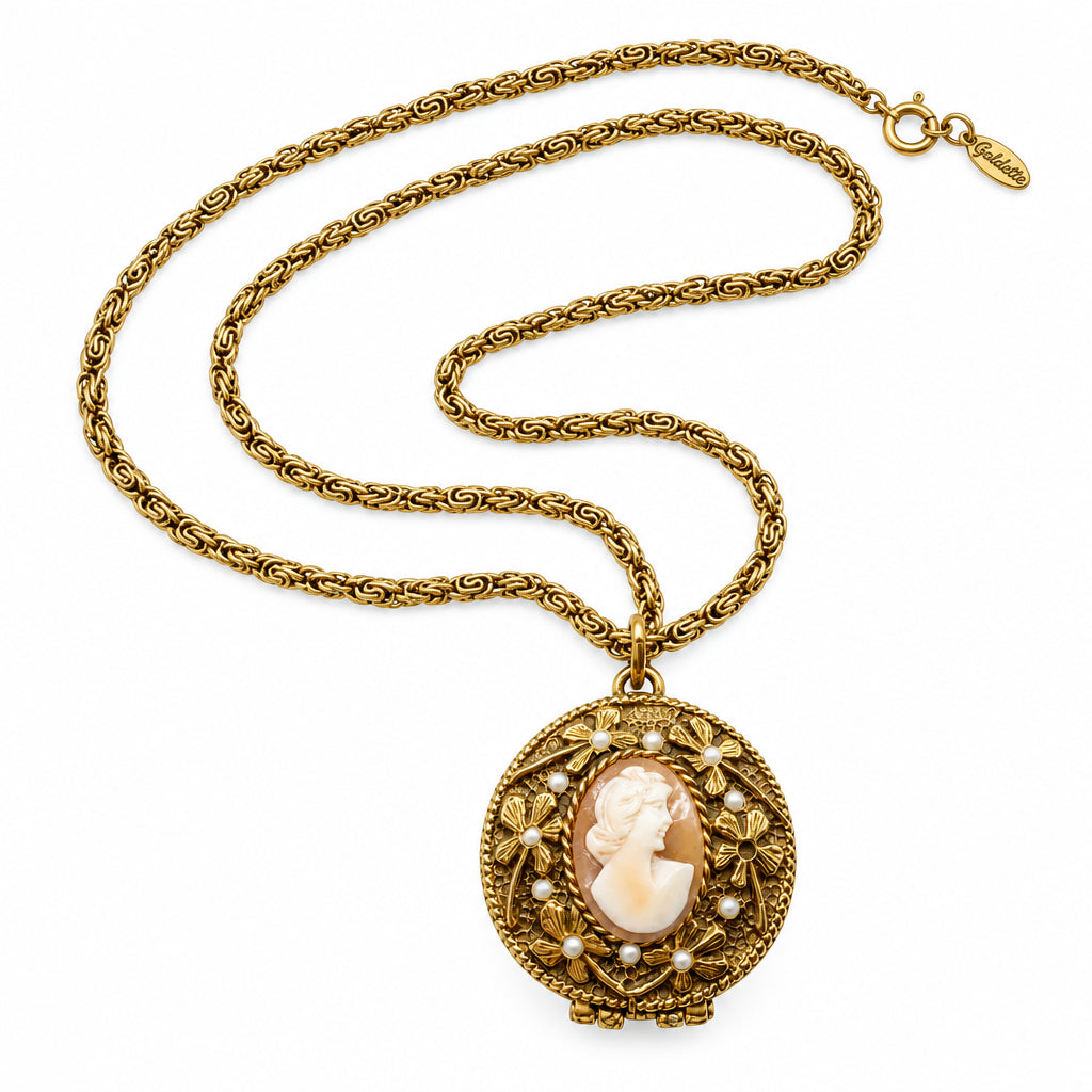 Goldette Signed Vintage Long Necklace And Shell Locket Cameo Pendant 28”