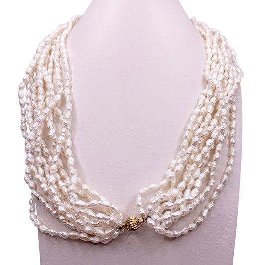 PJS Signed and 14K Closure Vintage Rice Mother of Pearl Multilayered Necklace 16”