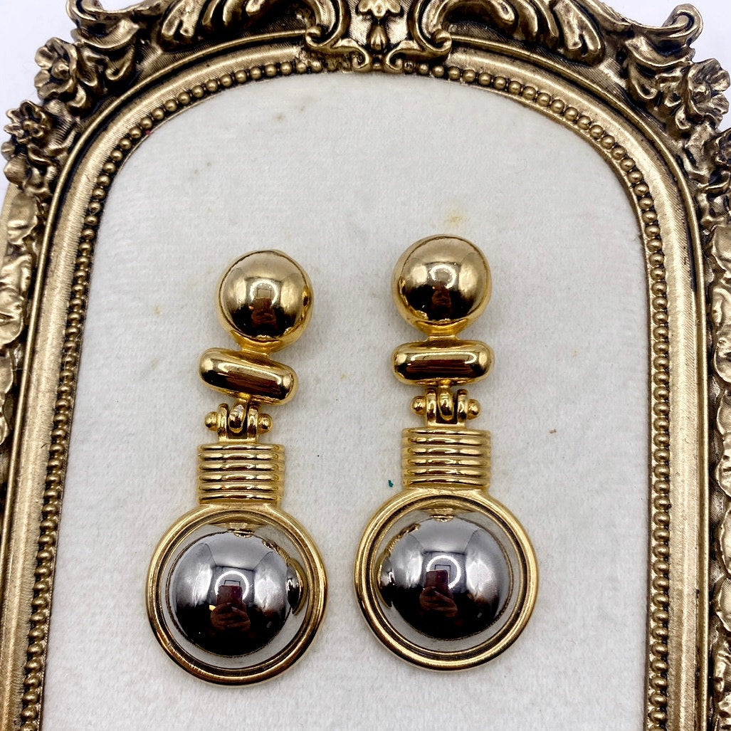 Two Tone Vintage Clip on Dangling Earrings 2” Modernist Designs