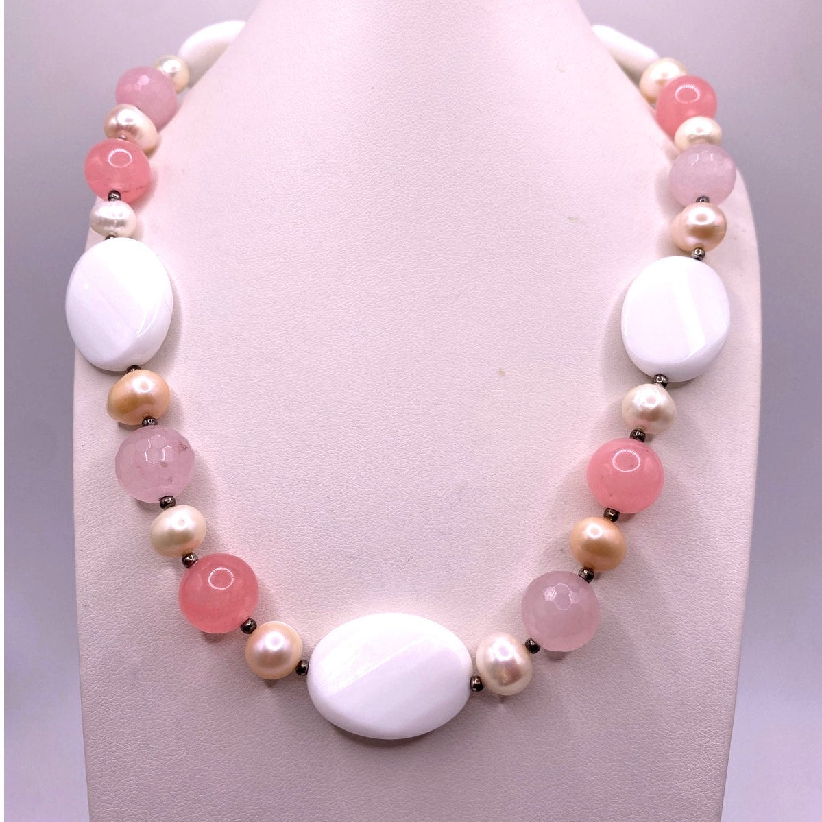 Vintage Handmade Necklace Rose Quartz and White Calcedony 16”