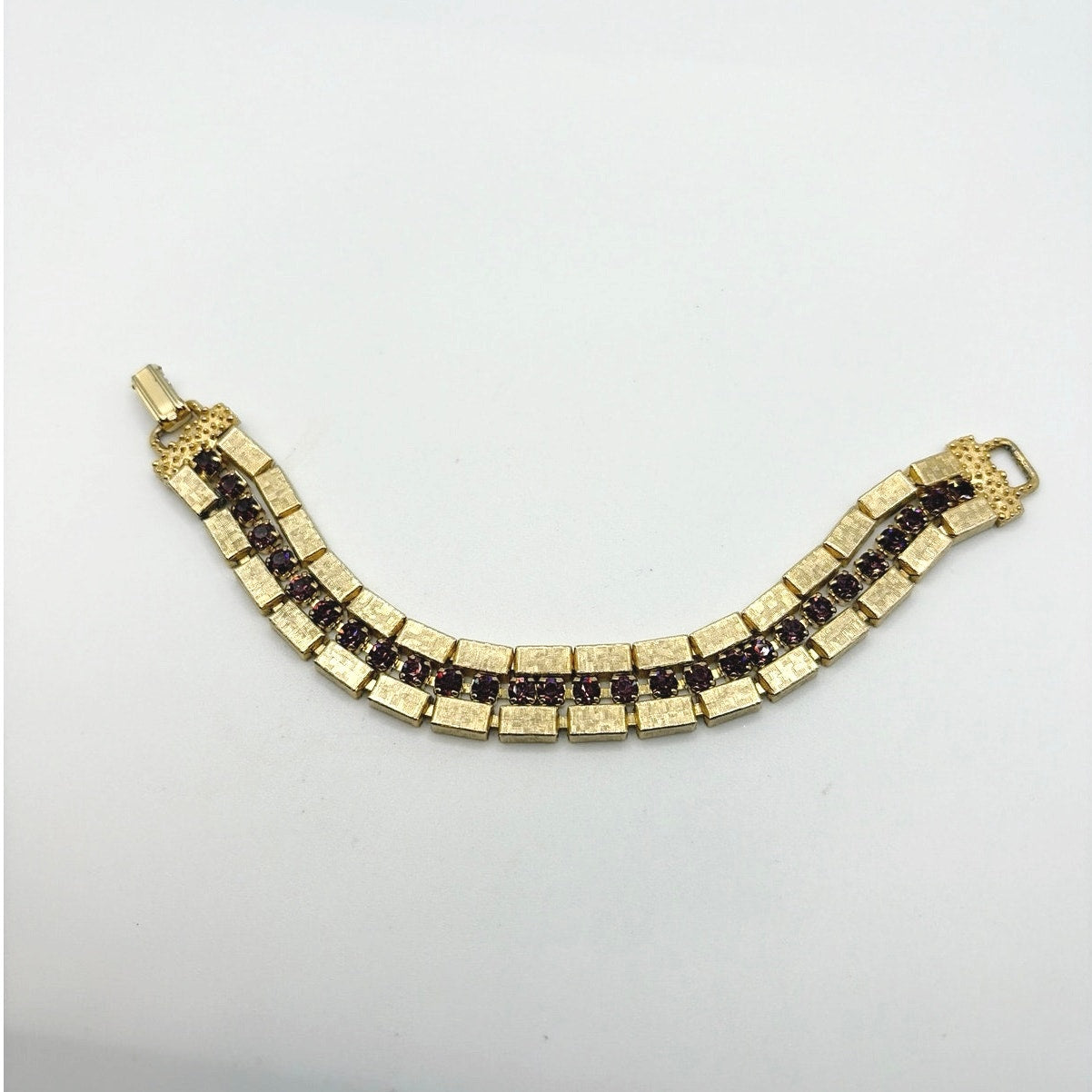 Retro Midcentury Bracelet Gold Tone Boxes Links and Purple Rhinestones 7”