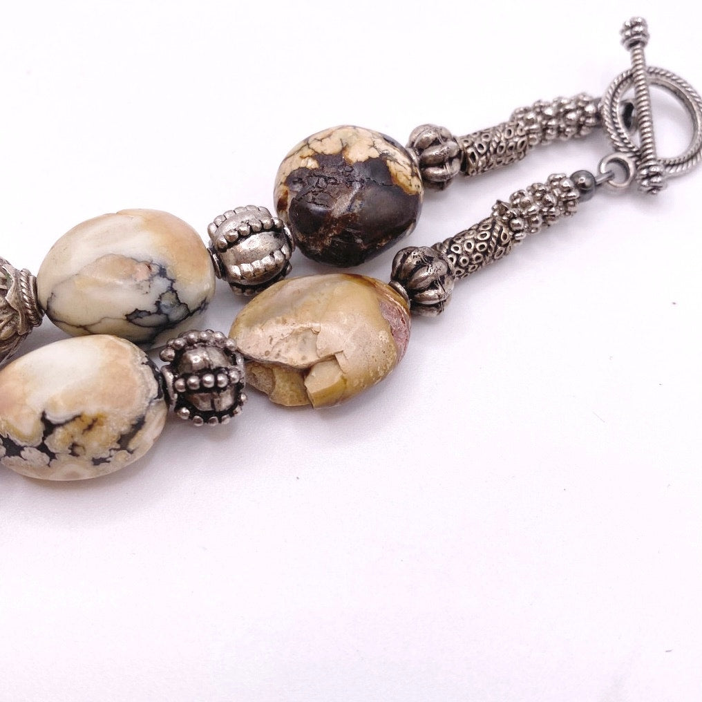Vintage Jasper Stone Beads And Silver Tone Ornamented Metal Beads Necklace 16”