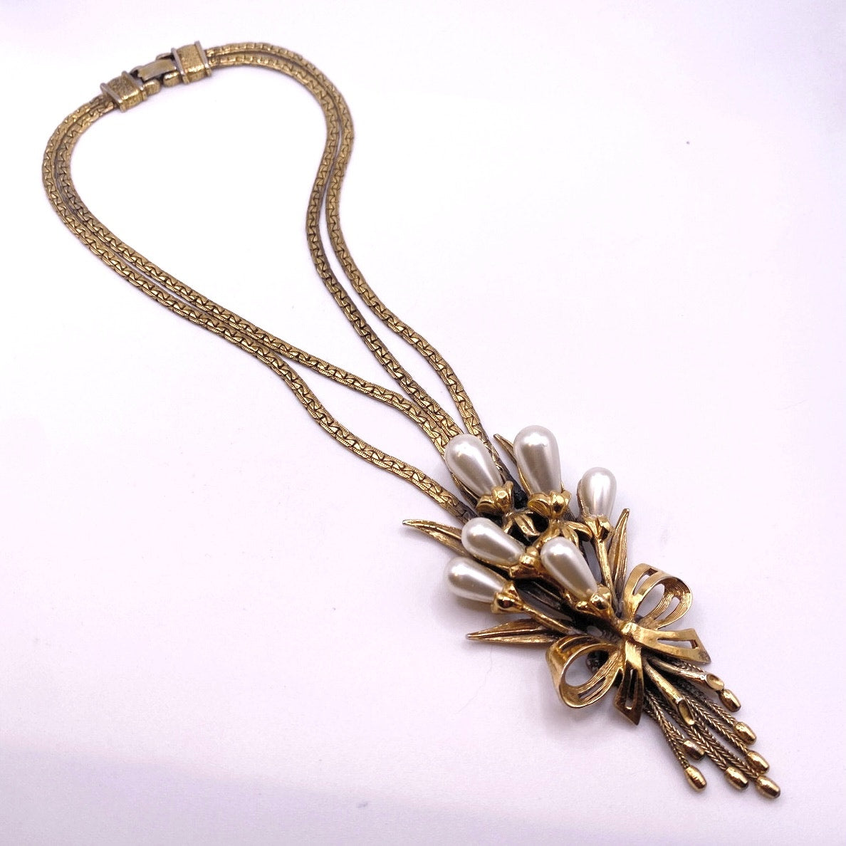 Ravana Vintage Faux Pearl Floral Bouquet Double Chain Necklace 18"