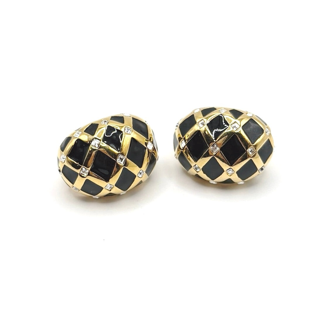 St John’s Black Enamel and Rhinestones Statement Clip On Earrings