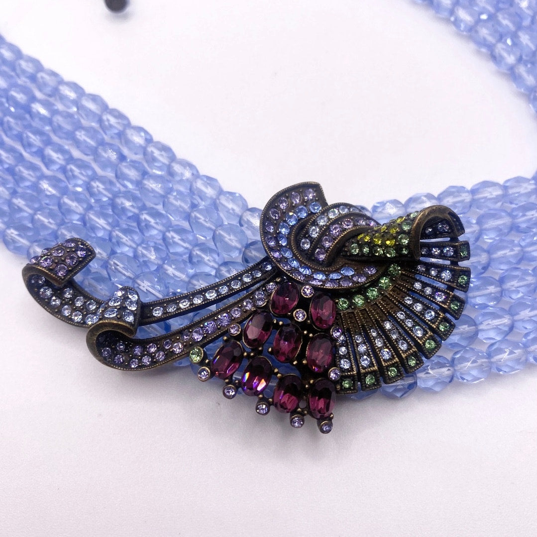 Heidi Daus Signed Sapphire Blue Glass Vintage Multistrand Necklace 16”
