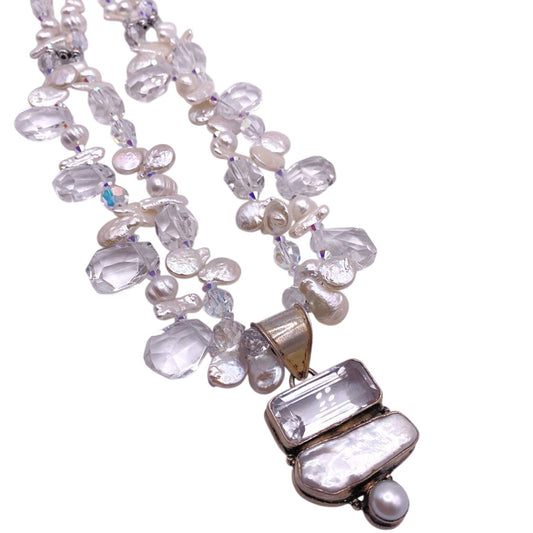 Saki Sterling Silver Necklace With Mother of Pearl and Faceted Quartz Stones 16”