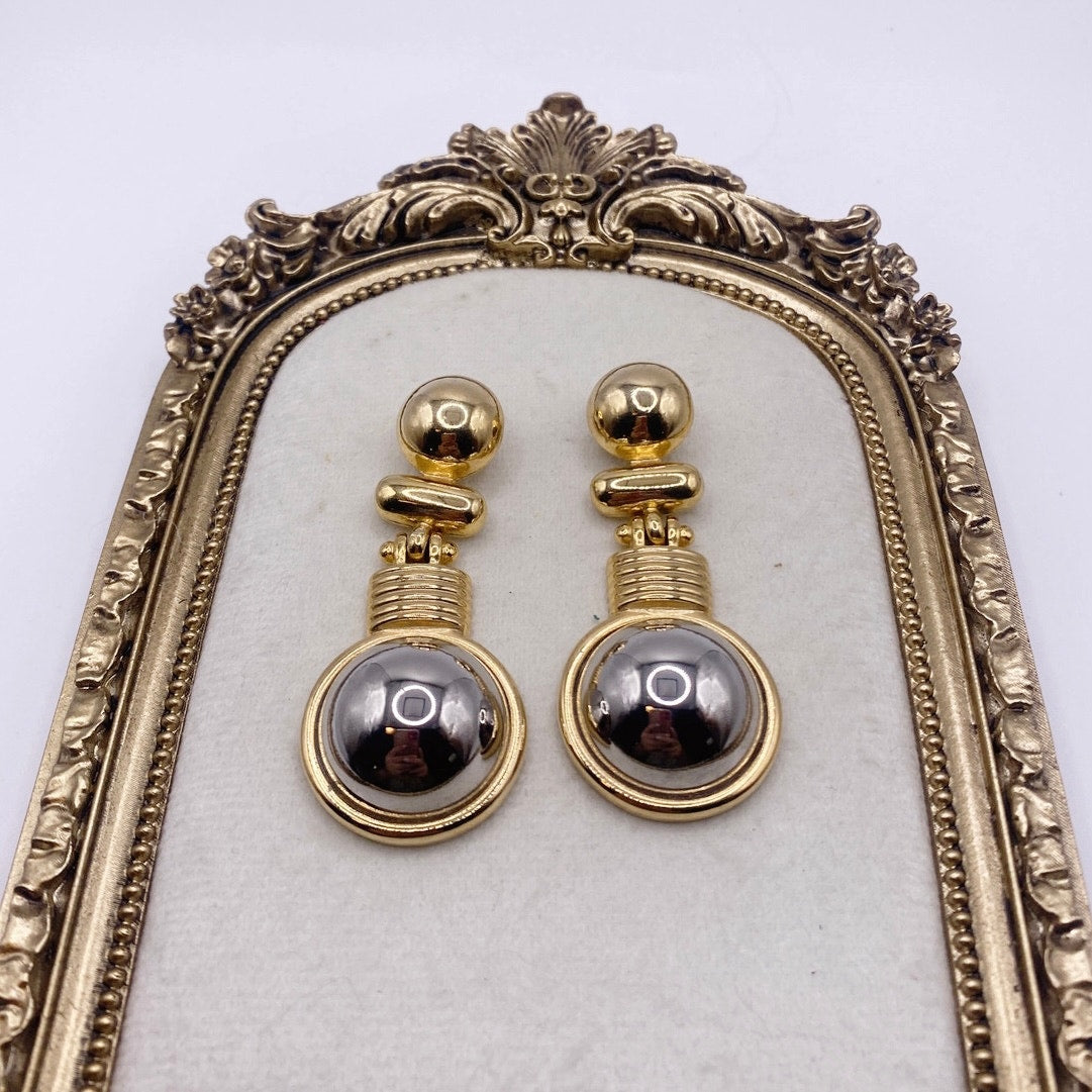 Two Tone Vintage Clip on Dangling Earrings 2” Modernist Designs