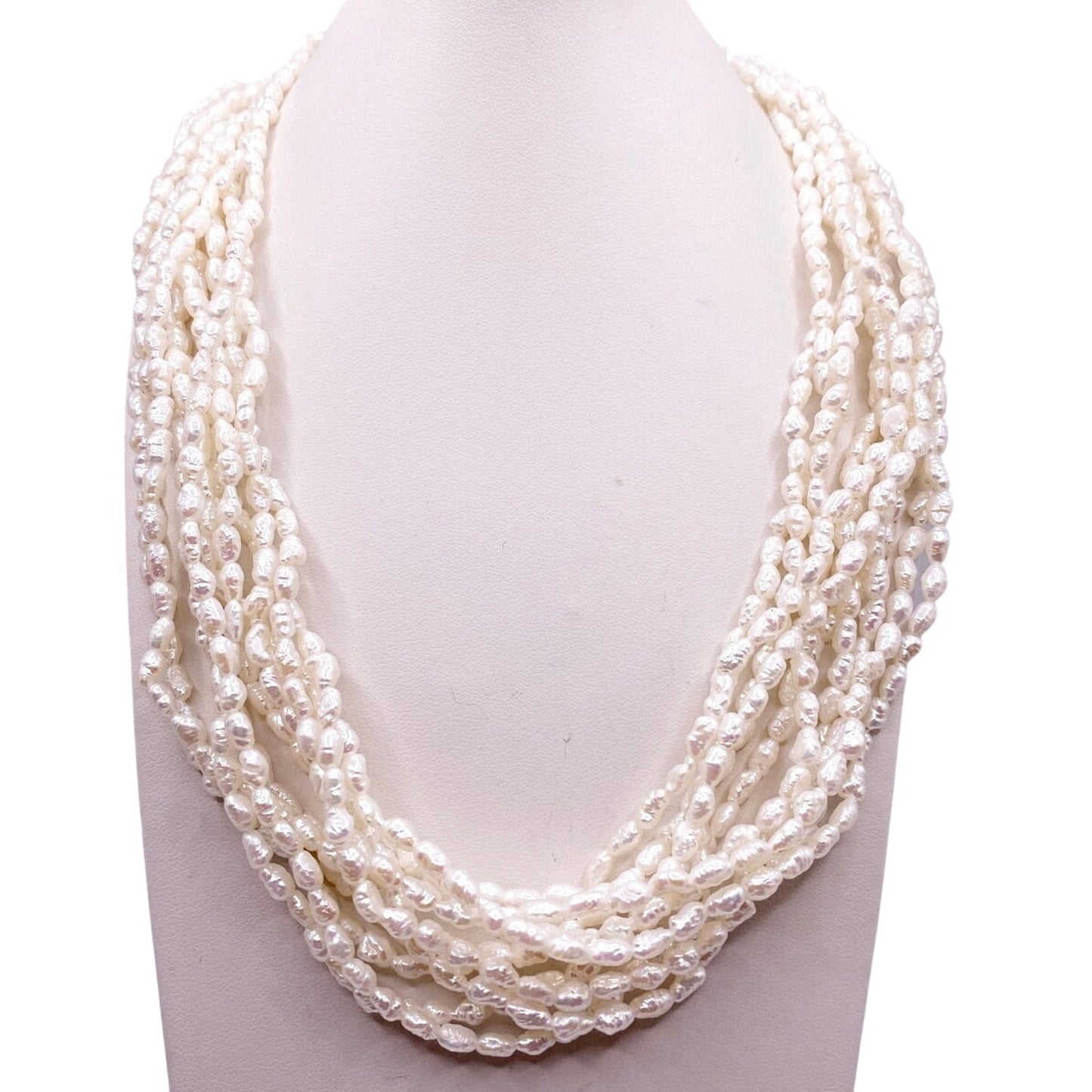 PJS Signed and 14K Closure Vintage Rice Mother of Pearl Multilayered Necklace 16”