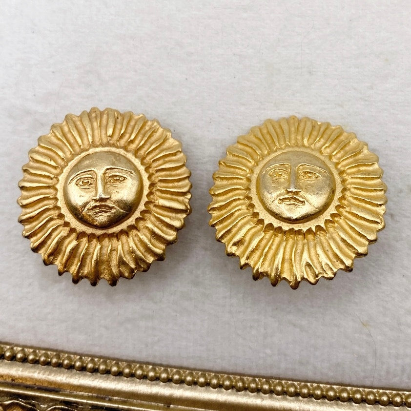 Vintage Clip On Earrings Sun Face 80s Style Gold Brushed Tone