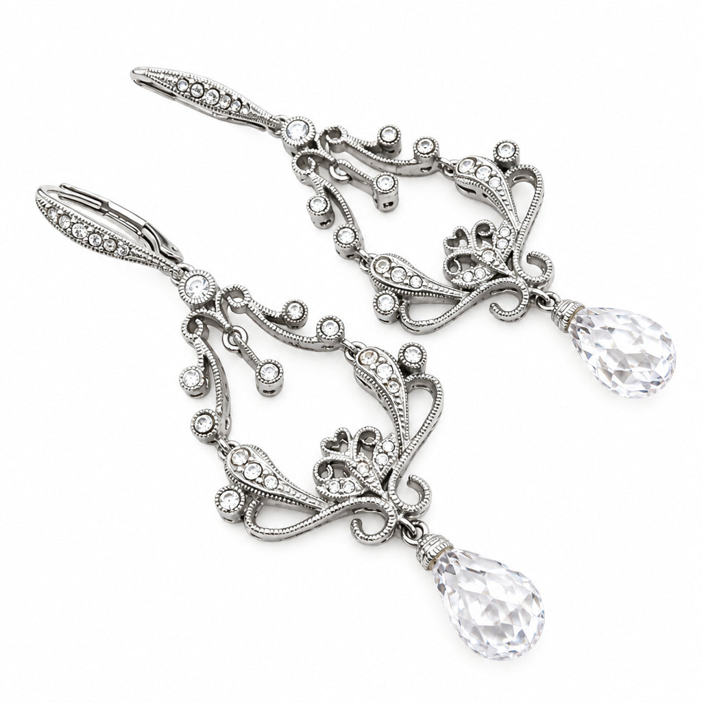 Vintage Drop Silver Tone and Crystals Earrings