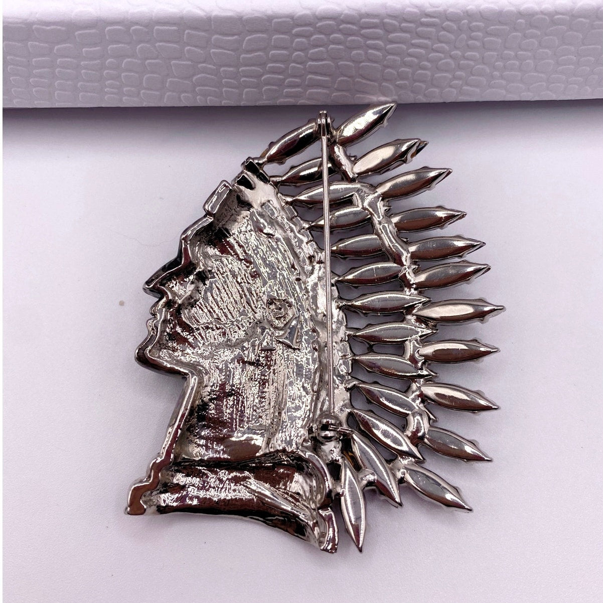 Vntg Indian Head Chief Gunmetal Red Blue Purple Rhinestones headdress brooch