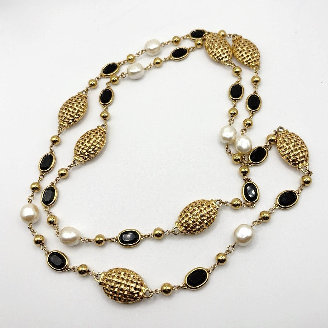 Vintage Extra Long Necklace Faux Pearl and Black Lucite 40”