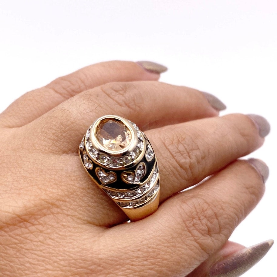 Vintage Gold Plated Enamel Ring with Cubic Zirconia Citrine