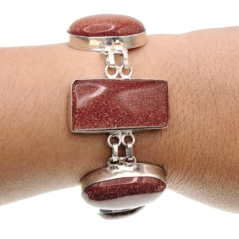 Sterling Silver And Aventurine Sunstone Cabochons Size 7.5” Bracelet