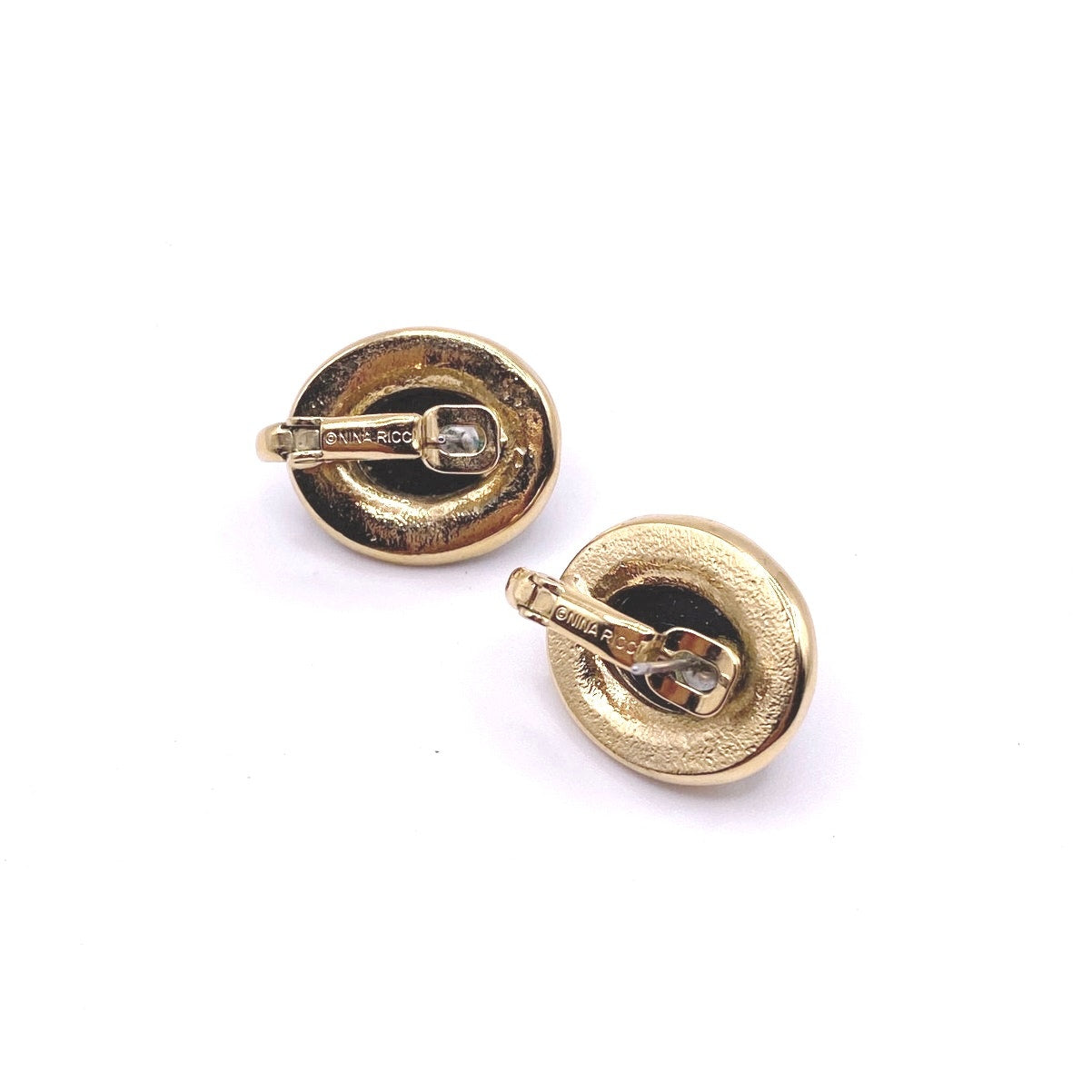 Nina Ricci Signed Gold Tone and Black Retro Suds Earrings with Rhinestones