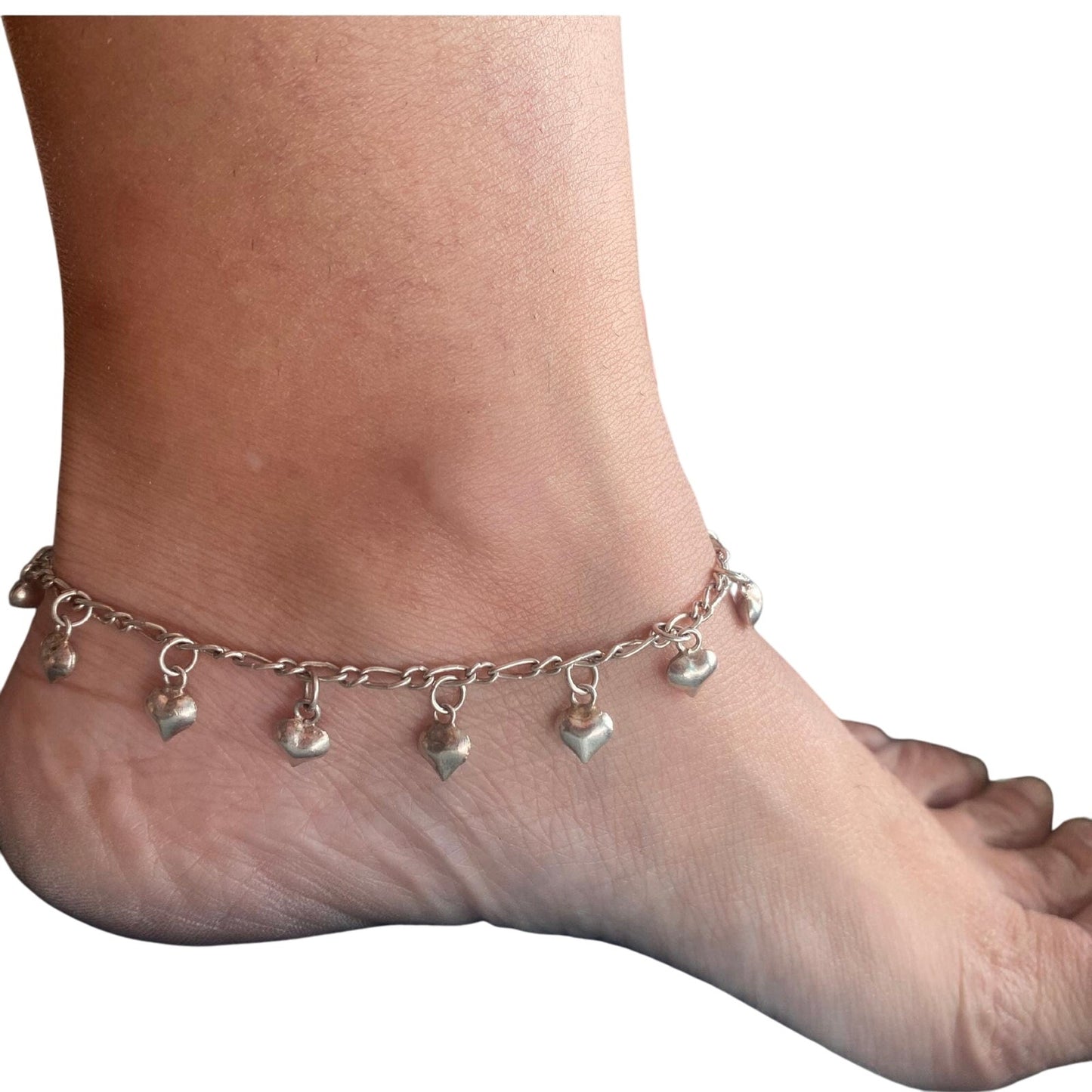 Sterling Silver Puffy Hearts Charms Anklet 9.5"