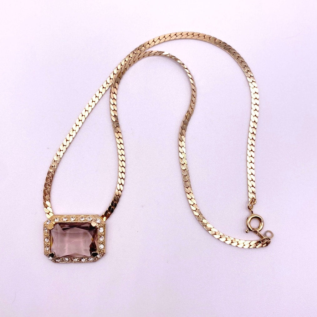 Vintage Beautiful Smoky Glass Crystal Pendant with Gold Tone Chain
