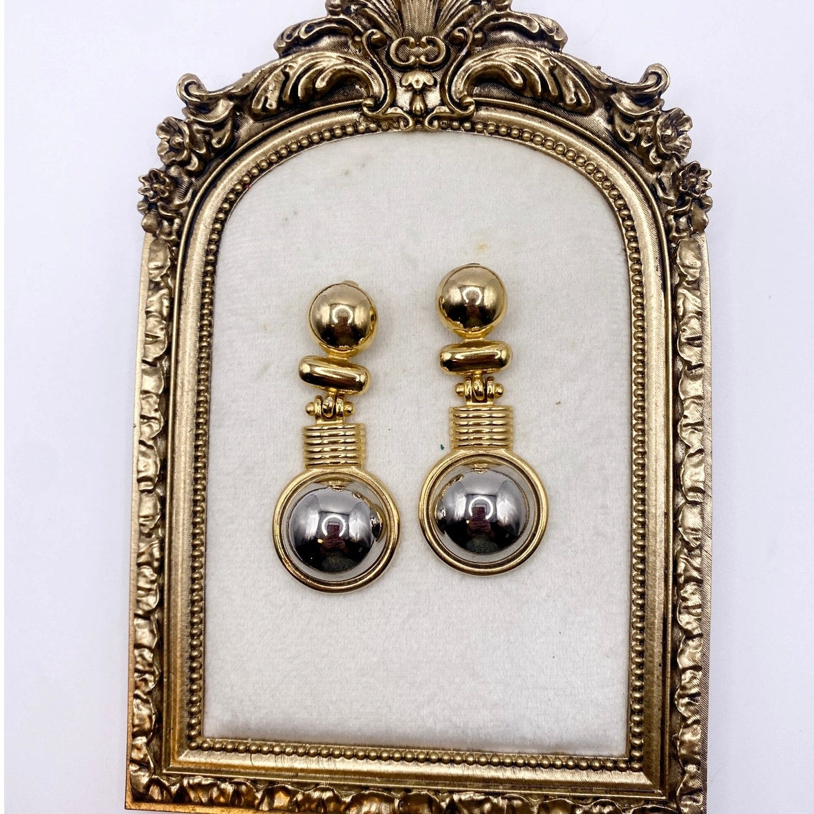 Two Tone Vintage Clip on Dangling Earrings 2” Modernist Designs