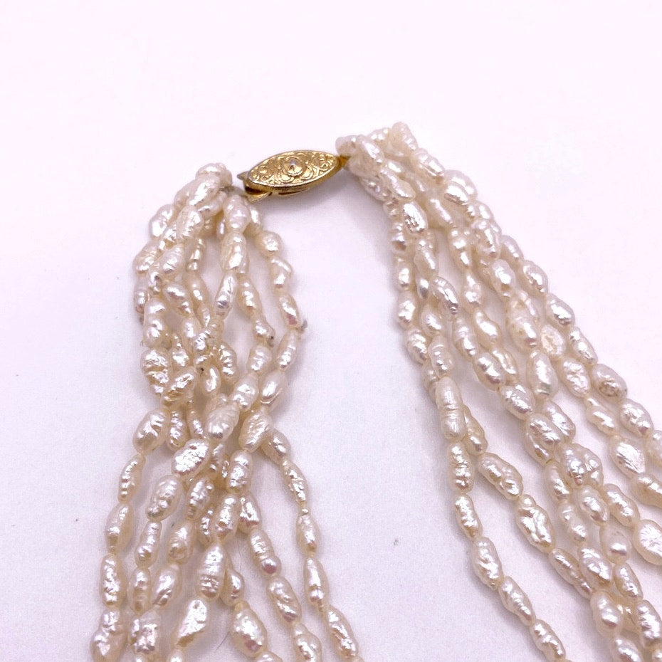 Vintage Multi Strand Rice Mother of Pearl Necklace 14" Gold Filled Clasp