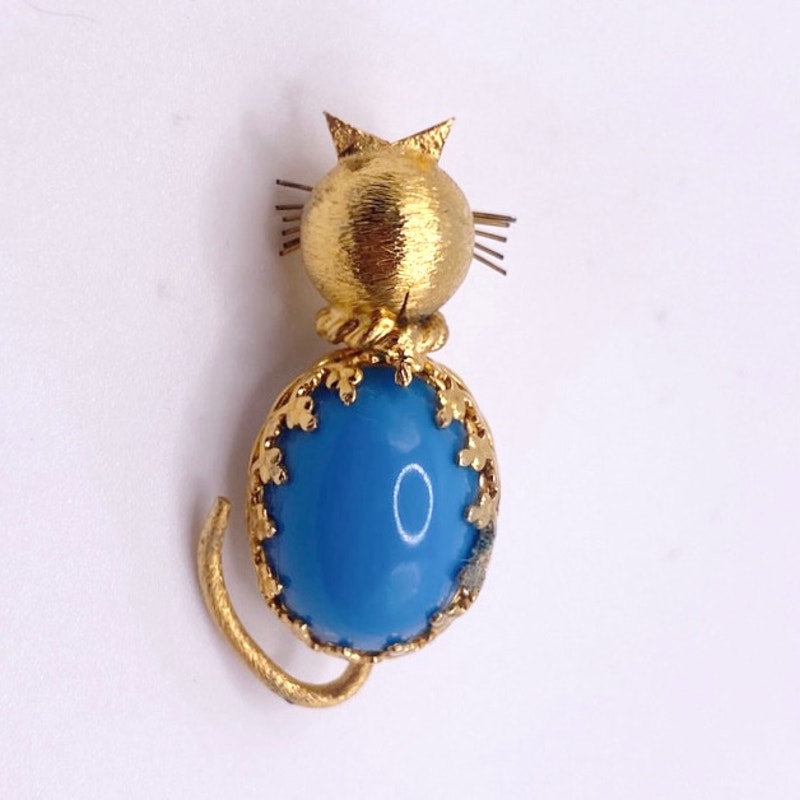 Cat Small Pin Jelly Belly Style Faux Blue Turquoise Tone Cabochon