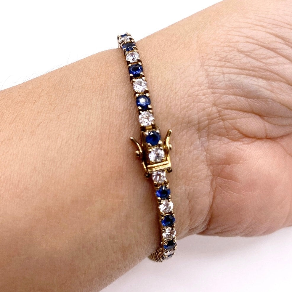 Vintage Sterling Silver Gold Vermeil 925 Bracelet Blue and White CZ 3mm Size 7”