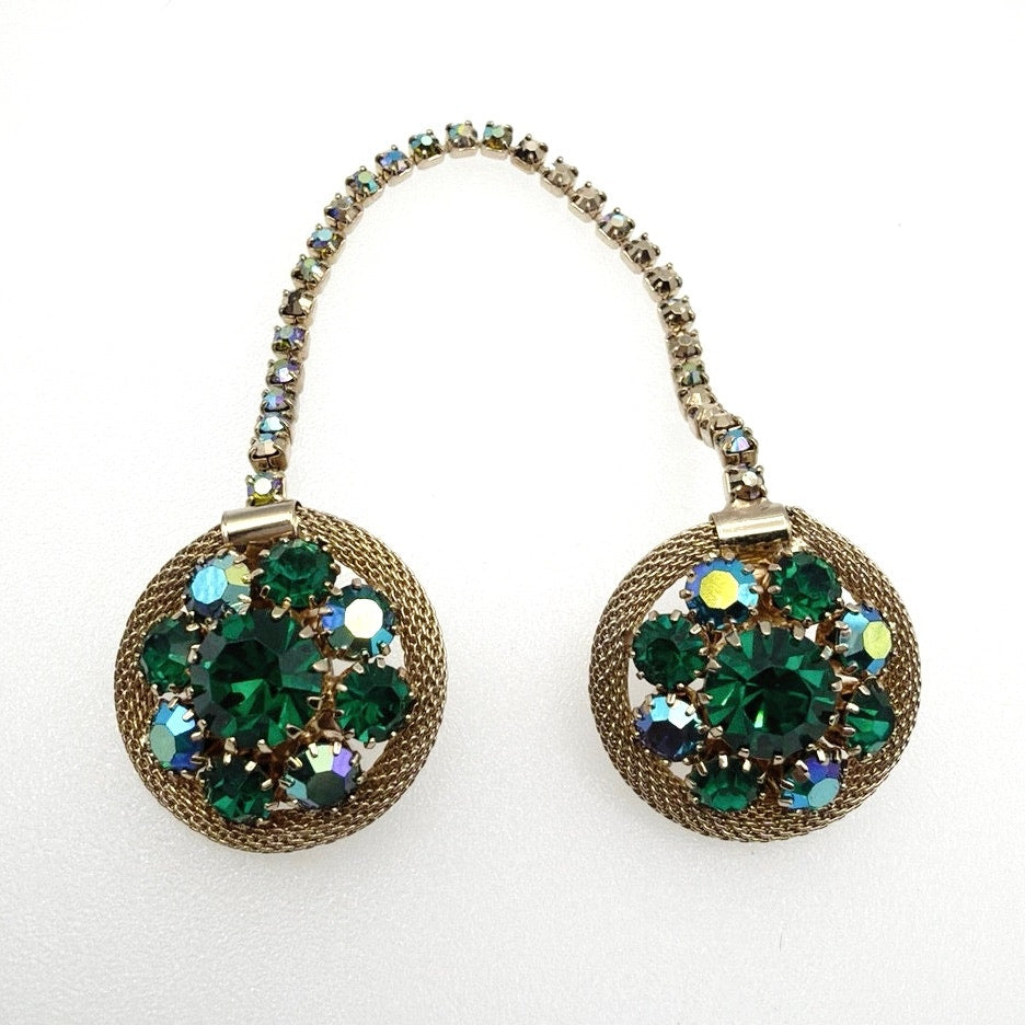 Vintage Green and Blue Rhinestones Sweater Clip 7” Chain