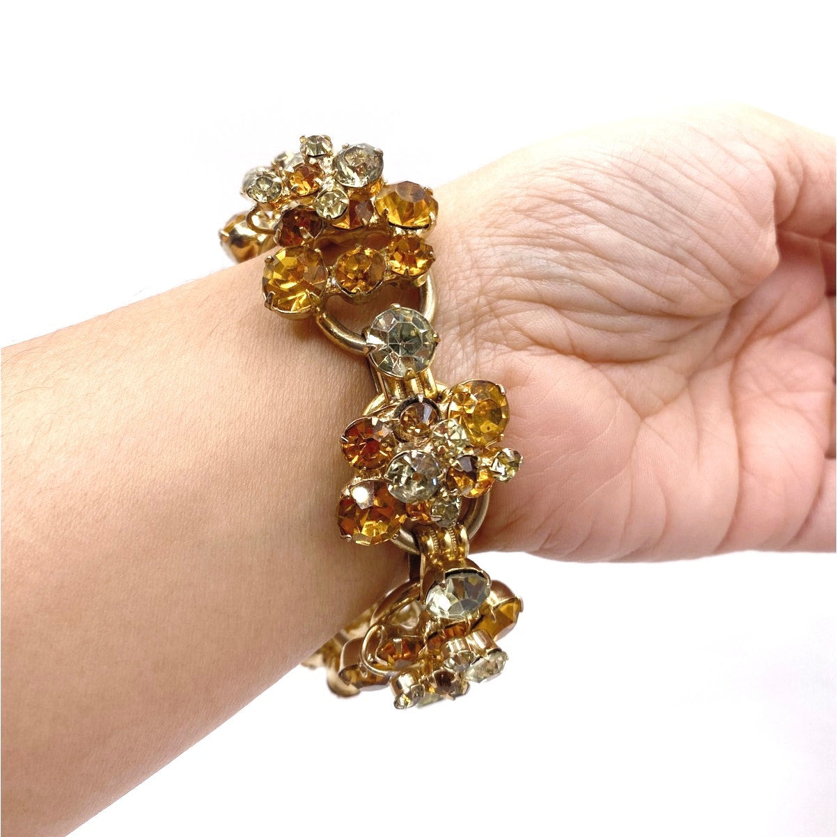 Juliana Vintage MidCentury Bracelet Beautiful Orange and Green Tone Rhinestones