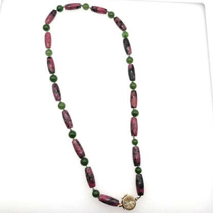 14k Gold Box Closure Vintage Rhodonite Barrel Stones Necklace and Bracelet Set