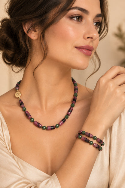 14k Gold Box Closure Vintage Rhodonite Barrel Stones Necklace and Bracelet Set
