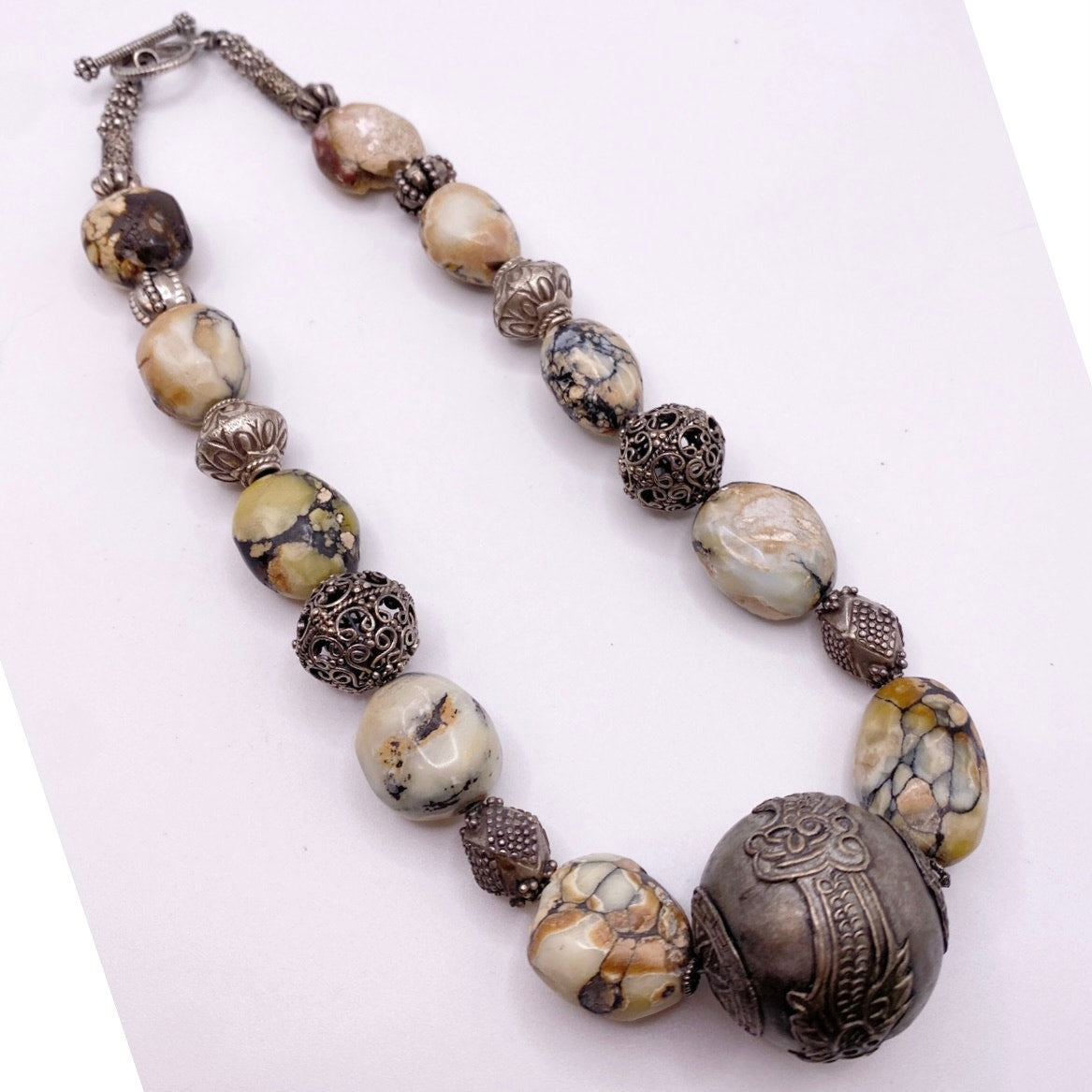 Vintage Jasper Stone Beads And Silver Tone Ornamented Metal Beads Necklace 16”