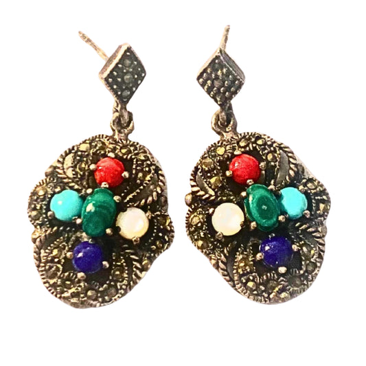 Silver Marcasite Multi Gemstones Studs Dangling Earrings