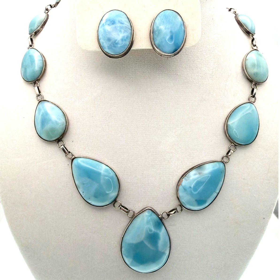 Sterling Silver And Larimar Gemstones Necklace 18” and Clip on Earrings Set