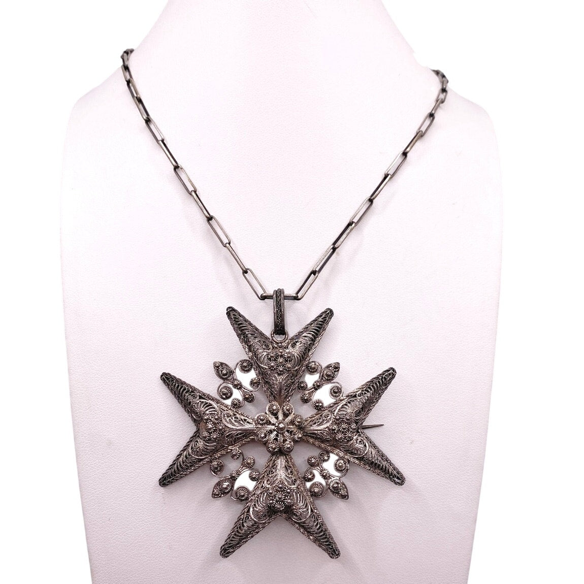 Vintage Metal Artwork Maltese Cross Silver Tone on Paper Clip Necklace 16”