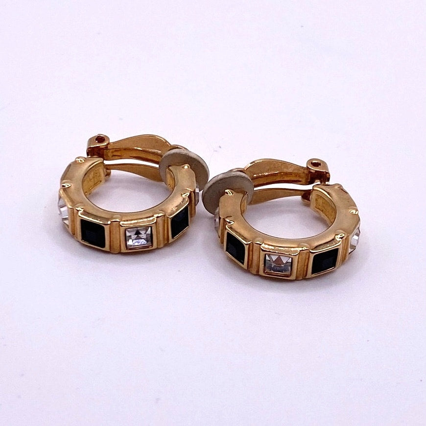 Swarovski Vintage Clip On Earrings Hoops with Black and White Crystals 1”
