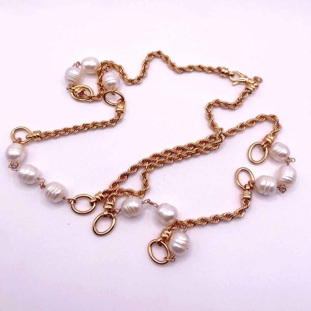 Bronce Italy Necklace Gold Tone with Baroque Pearls Extra Large 34 inches