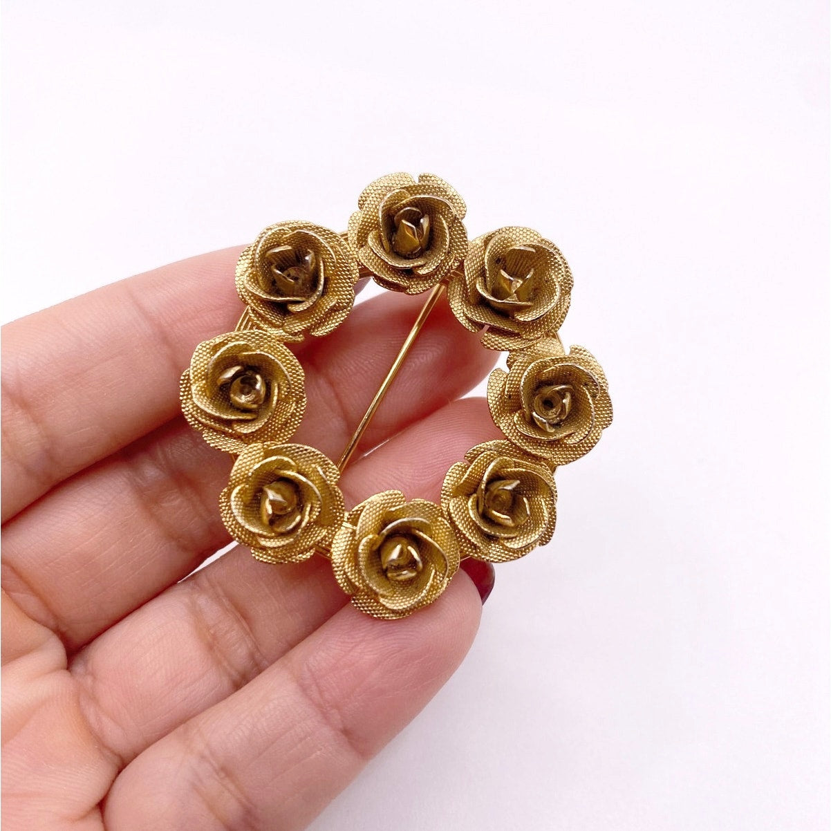 Vintage Mesh Metal Flower Crown Brooch Gold Tone Filigree