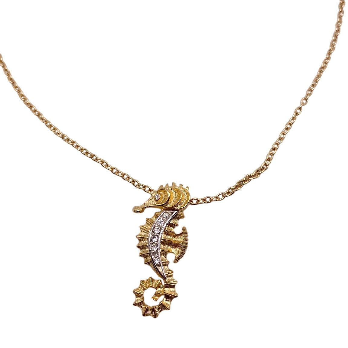 J.Jay Signed Vintage Necklace with Sea Horse Pendant Gold Tone and Rhinestones