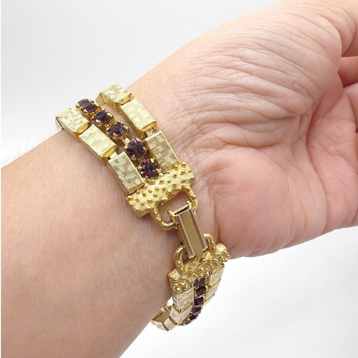 Retro Midcentury Bracelet Gold Tone Boxes Links and Purple Rhinestones 7”