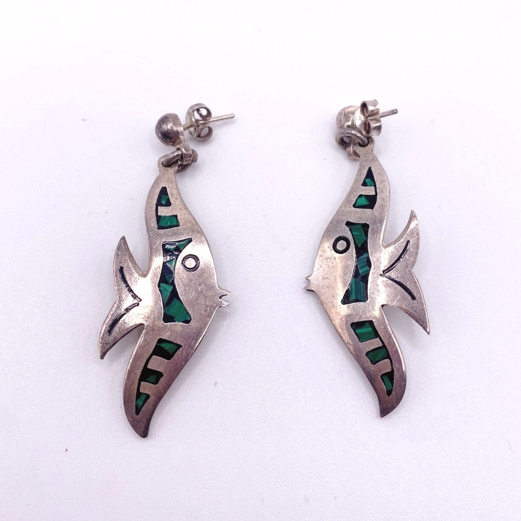 Taxco México St Silver Fish Earrings with Malachite Stone
