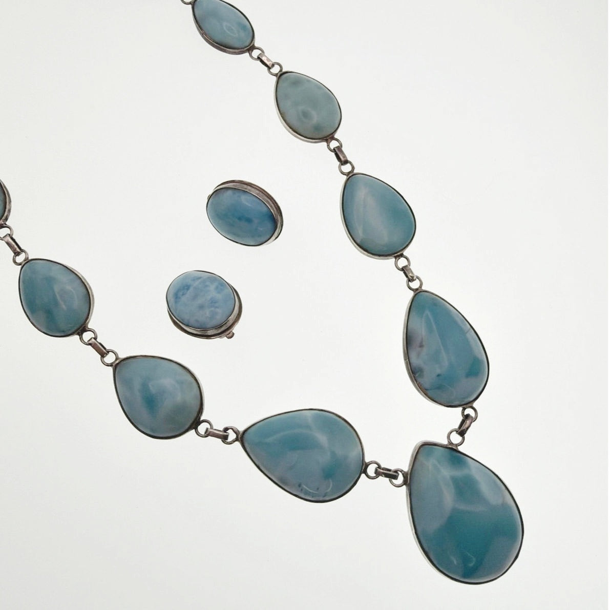 Sterling Silver And Larimar Gemstones Necklace 18” and Clip on Earrings Set