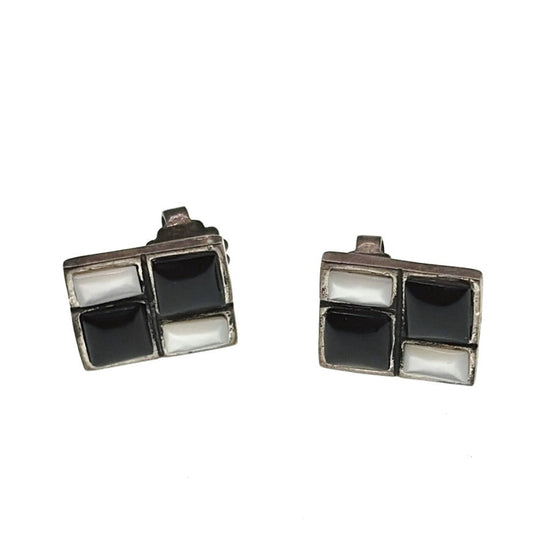 Sterling Silver Onyx and Mother of Pearl Studs Earrings