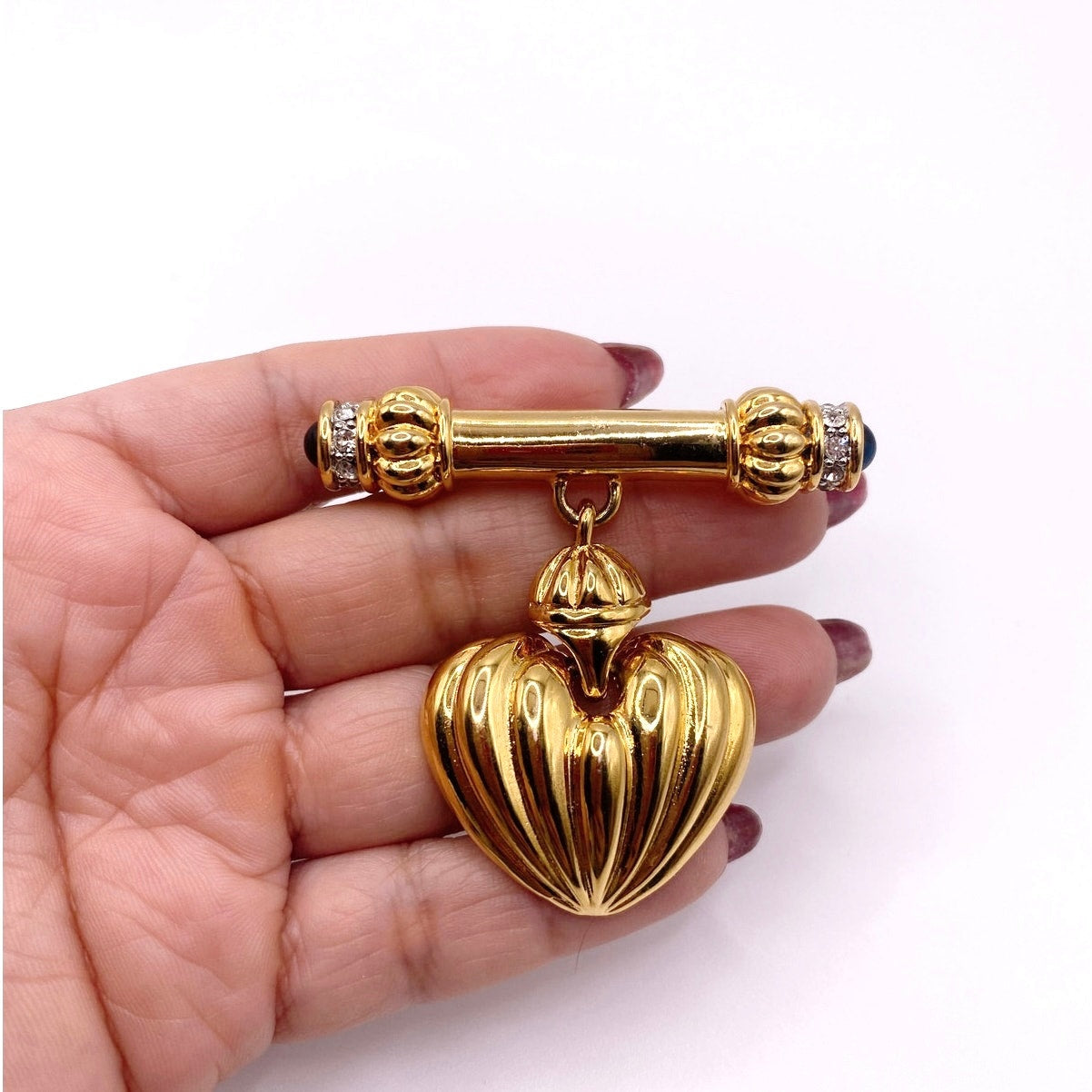 Vintage Heart Pendant Brooch Bar with Rhinestones and Blue Glass Cabochons