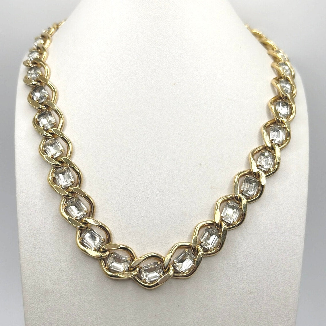 Givenchy Vintage Gold Tone and White Rhinestones Collar Necklace 16"