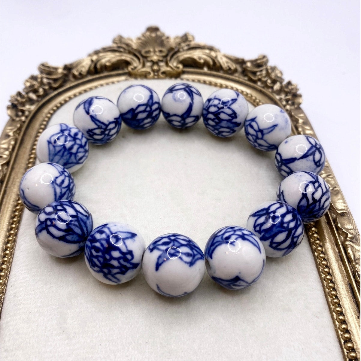 Vintage Chinese Hand-painted Ceramic Beads Stretchy Bracelet 6-7”