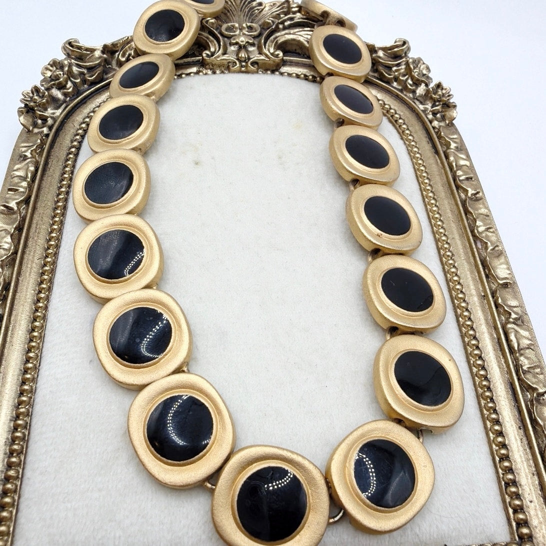 Napier Vintage Brushed Gold Tone and Black Enamel Necklace 16”