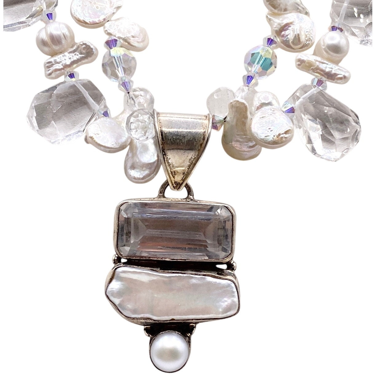 Saki Sterling Silver Necklace With Mother of Pearl and Faceted Quartz Stones 16”